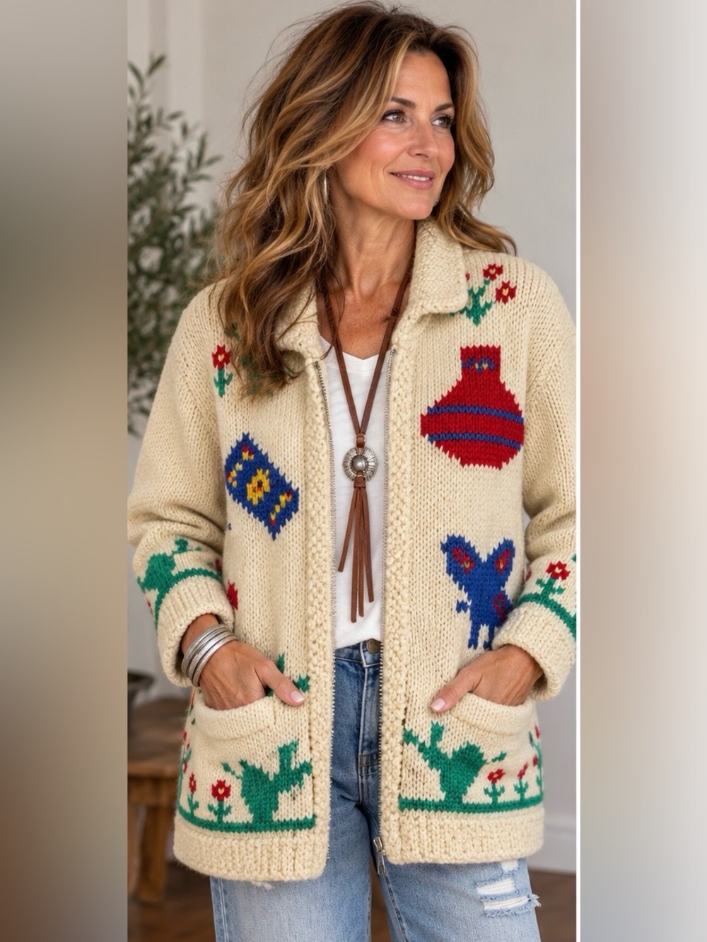 Vintage Mary Maxim Mexicana Hand Knit Southwestern Folk Art Zip Cardigan